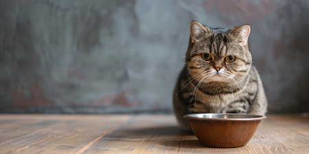 Hungry cute tabby cat sitting near empty bowl on wooden floorの素材