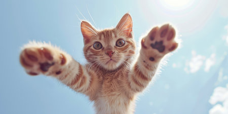 Cute ginger kitten raised up in the air with blue sky backgroundの素材