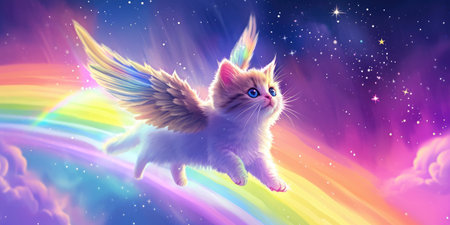 A cute kitten with angel wings runs along the rainbow. The concept of rest in peace. Fantasy animal illustration.の素材