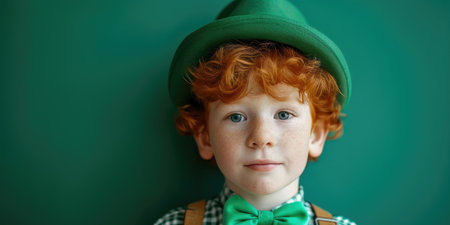 Portrait of a red-haired boy in a green leprechaun hat. St. Patrick's Day.の素材