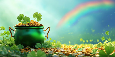 Pot of gold coins with clover leaves and rainbow. St. Patrick's Day conceptの素材