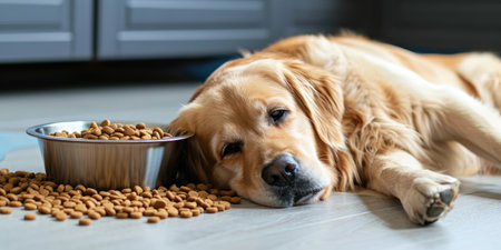 Sad cute golden retriever dog with full bowl of dry food at homeの素材