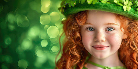 Portrait of a cute little girl with curly red hair wearing a green hat. St. Patrick's Day.の素材
