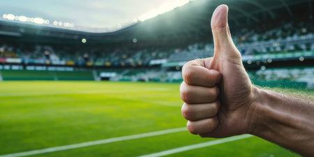 Close up of male hand showing thumbs up against view of a football stadiumの素材