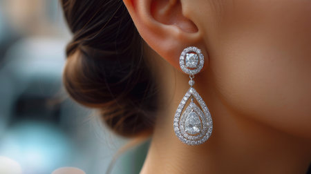 Close up of earrings with white stones in the girl's earの素材
