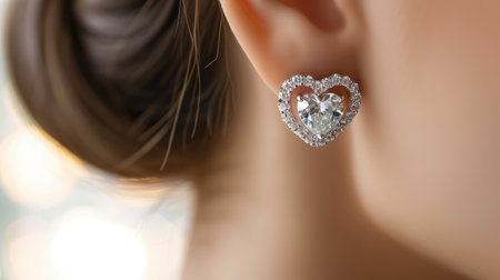 Diamond earring in the shape of a heart on the girl's ear.の素材