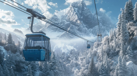 Cable car on a background of snow-capped mountains.の素材