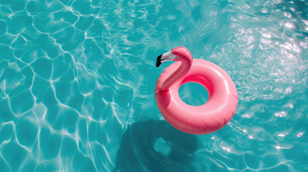 Pink inflatable flamingo float in swimming pool. Summer background.の素材