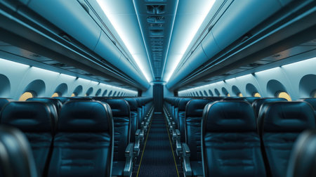 Airplane interior with seats and blue lights.の素材