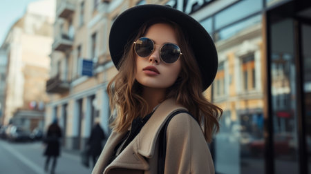 Outdoor portrait of beautiful young woman in hat, sunglasses and coatの素材