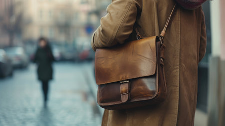 Close up of a man holding a brown leather handbag on the streetの素材