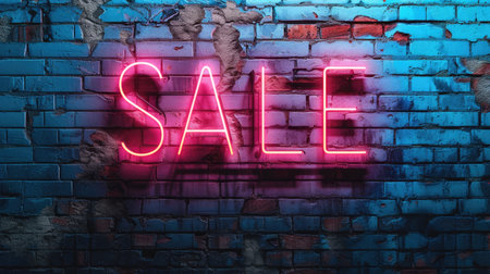 Neon sale sign on brick wall background.の素材