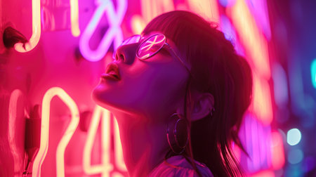 Portrait of a beautiful young woman with neon lights in the background.の素材