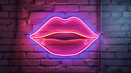 Neon sign of female lips on brick wall background. Nightlife conceptの素材