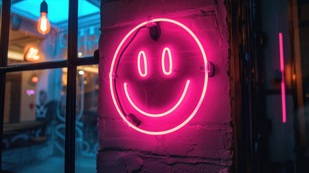 Neon sign with smiley face on brick wall in night clubの素材