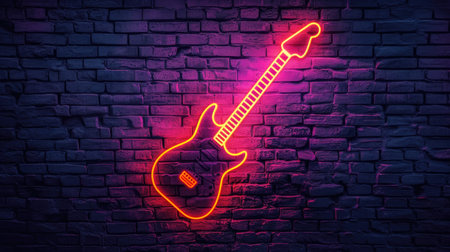 Neon electric guitar on brick wall background. Music and sound concept.の素材