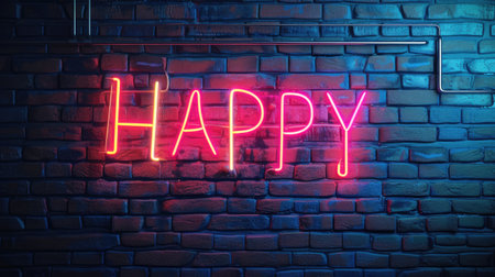 Neon sign of Happy on brick wall. Neon sign on brick wall.の素材