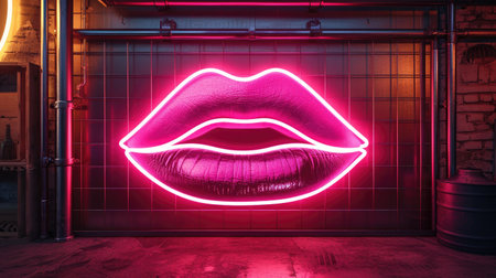 Glowing neon lips on a pink background.の素材