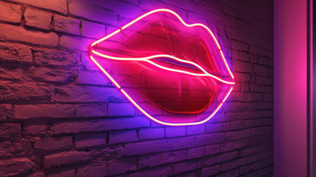 Lips glowing neon sign on brick wall backgroundの素材