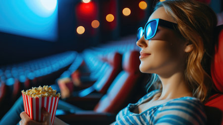 Happy young woman in 3d glasses watching movie in cinema. Cinema, entertainment and people conceptの素材