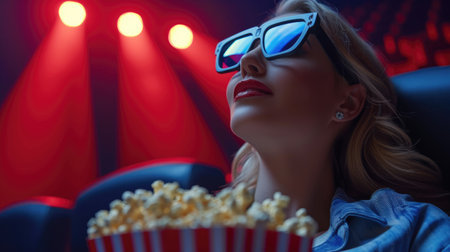 Young woman in 3d glasses watching movie and eating popcorn in cinemaの素材