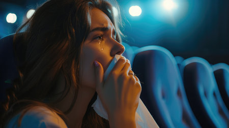 Young woman watches sad movie in cinema and wipes tears with handkerchiefの素材