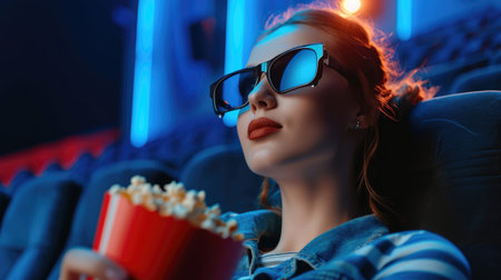 Young woman in 3D glasses watching movie and eating popcorn in cinemaの素材