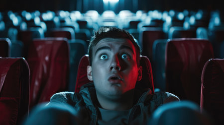 Young man watching horror movie in the cinema. Shocked expression.の素材