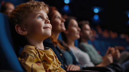 cinema, entertainment and people concept - happy little boy watching movie in cinemaの素材