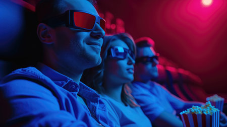 Happy people in 3d glasses watching a movie in a cinema and eating popcornの素材