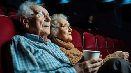 Elderly couple sitting in cinema and looking at the movie screenの素材