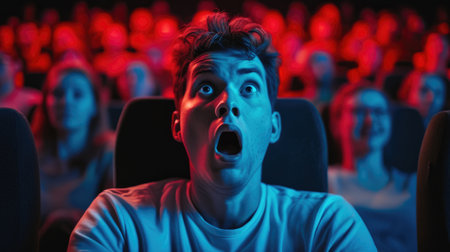 Shocked young man watching a horror movie in the cinema. Concept of entertainment.の素材