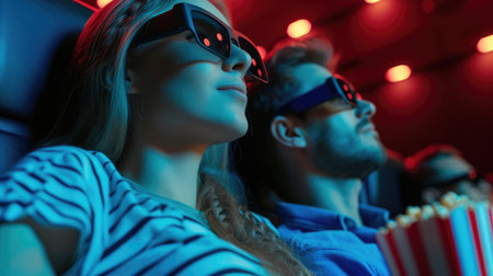 Young couple in 3d glasses watching movie in cinema at night.の素材
