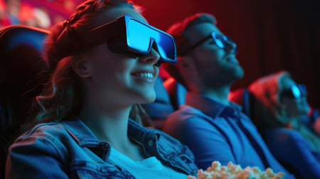 Young couple with glasses of virtual reality and popcorn in the cinema.の素材
