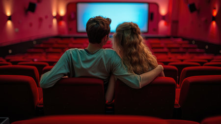 Couple watching movie in cinema. Back view of man and woman sitting in cinema hall and looking at screenの素材