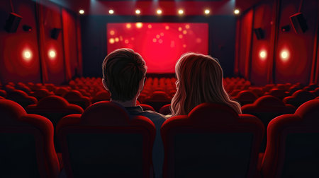 Couple in love watching movie in cinema. Back view of man and woman sitting in cinema hall and looking at screenの素材