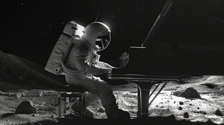 Astronaut in outer space playing the piano. Black and whiteの素材