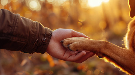 The dog gives paw to the owner in the autumn forest. Close-up.の素材
