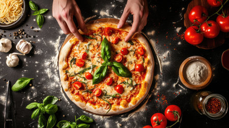 Pizza with cherry tomatoes, mozzarella cheese and basil on black backgroundの素材