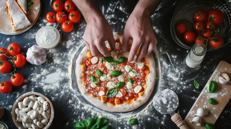 Male hands making pizza with mozzarella, tomatoes and basil on tableの素材
