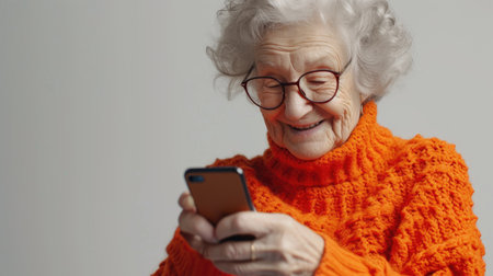 Smiling senior woman using mobile phone. Portrait of happy elderly lady looking at mobile phone screen.の素材