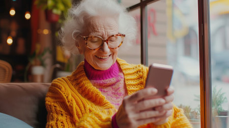 smiling senior woman in eyeglasses using smartphone while sitting in cafeの素材