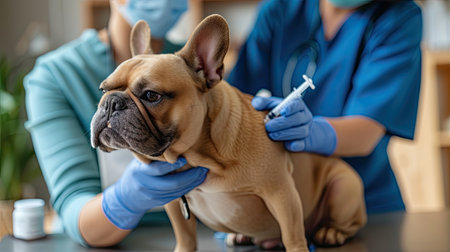 french bulldog getting a vaccine in a veterinary clinic with a doctorの素材