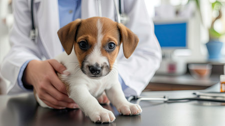 Jack russell terrier puppy on the table with a vetの素材