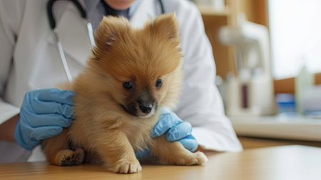 Veterinarian examining a cute Pomeranian dog in vet clinicの素材