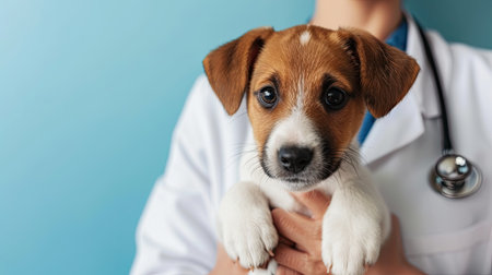 Veterinarian with cute dog on light blue background, closeupの素材