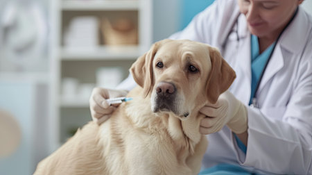 Labrador retriever getting a vaccine from a veterinarian at the veterinary clinicの素材