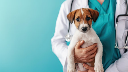 Veterinarian with cute Jack Russell Terrier puppy on color backgroundの素材