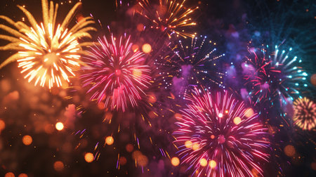 Colorful fireworks of various colors over night sky as celebration background.の素材