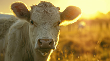 Portrait of a white cow on a background of the setting sunの素材